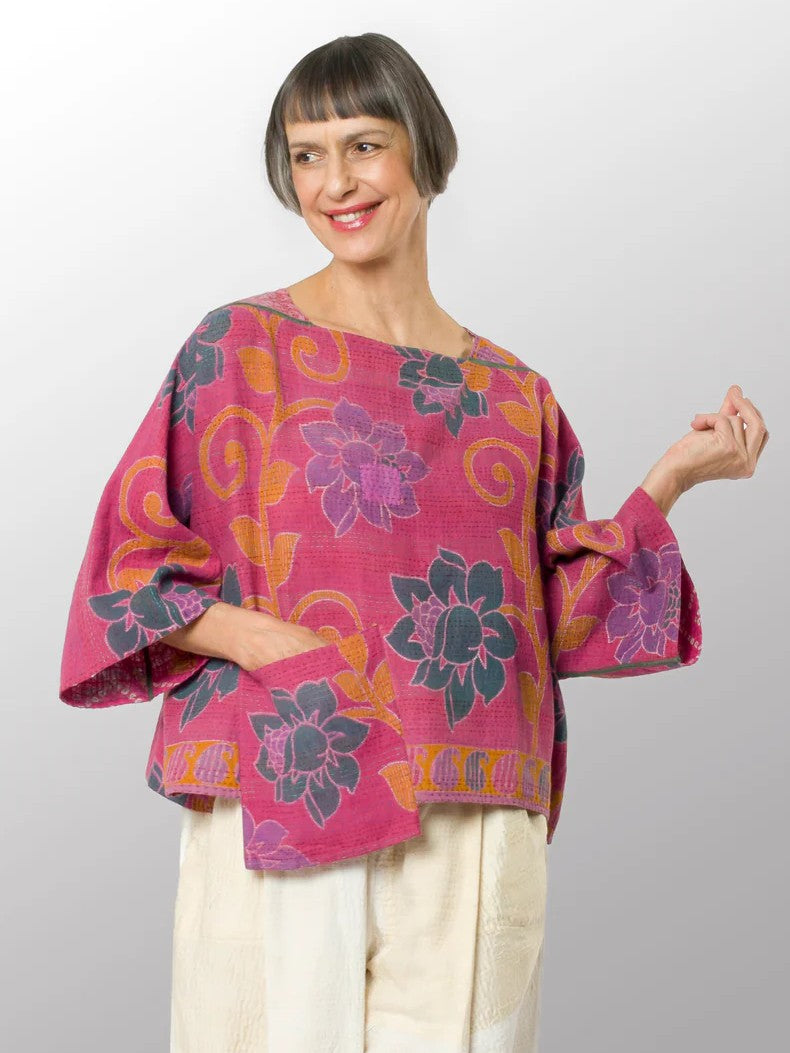 Mieko Mintz- Vintage Cotton Kantha 3/4 SLV. Crop Top Mio