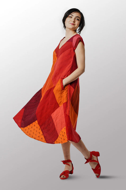 Mieko Mintz- COTTON SILK SW PATCH OMBRE KANTHA CAP SLV. FLARE DRESS