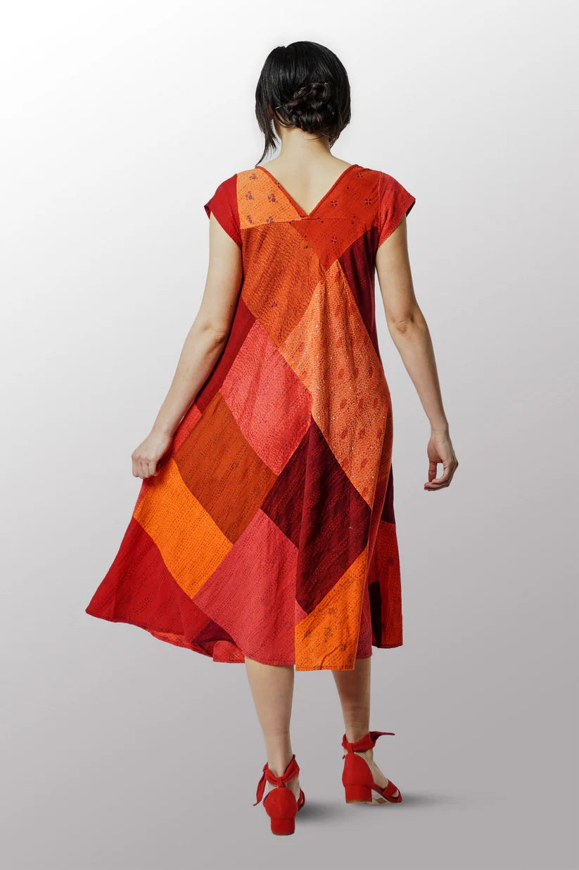 Mieko Mintz- COTTON SILK SW PATCH OMBRE KANTHA CAP SLV. FLARE DRESS