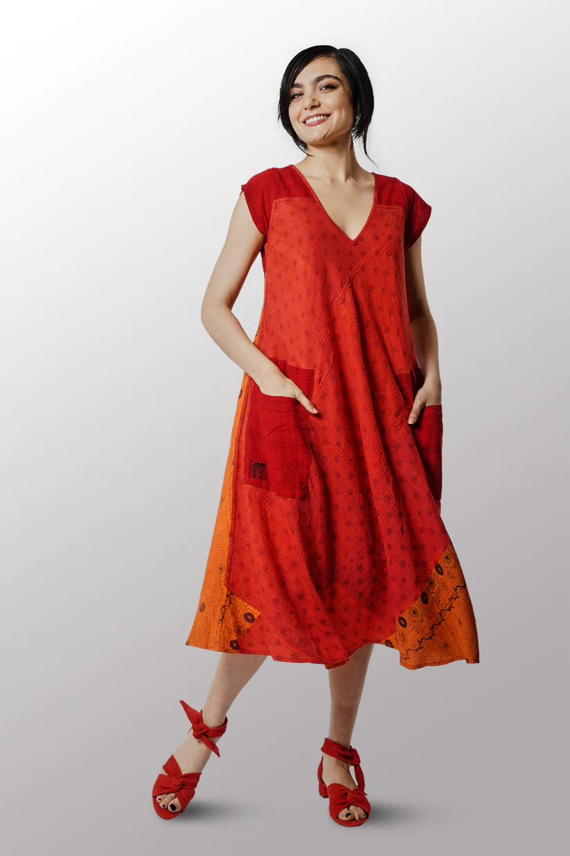 Mieko Mintz- COTTON SILK SW PATCH OMBRE KANTHA CAP SLV. FLARE DRESS