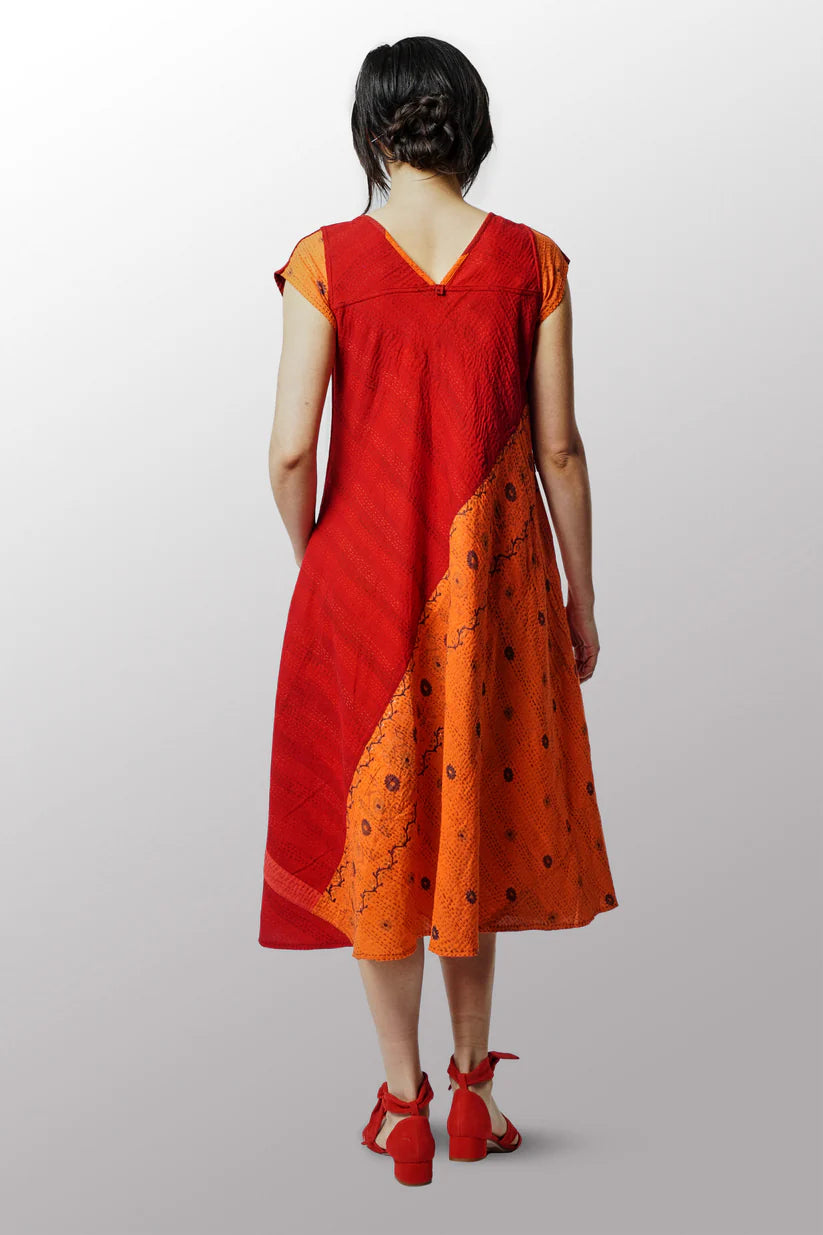 Mieko Mintz- COTTON SILK SW PATCH OMBRE KANTHA CAP SLV. FLARE DRESS