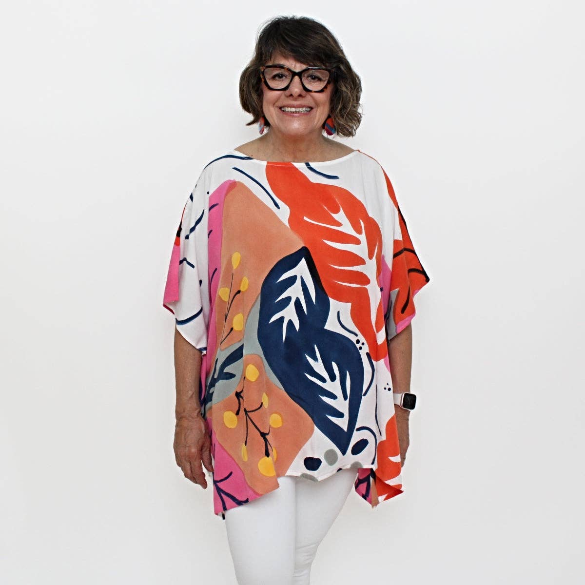 Sylca Designs - Coral and Blue Undersea Leaf Print Blouse: S/M