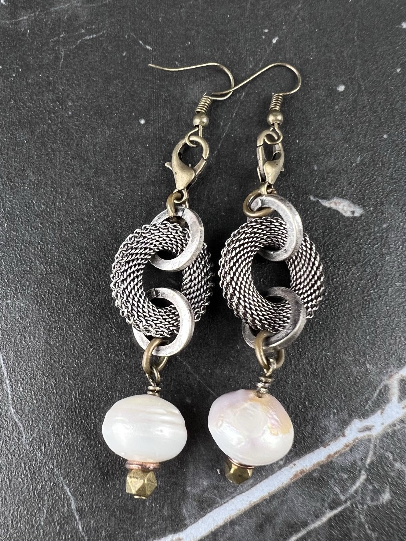 NSerena Jewelry-Mesh ring with Pearl Earrings